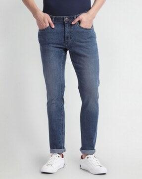 men mid-wash slim tapered fit jeans