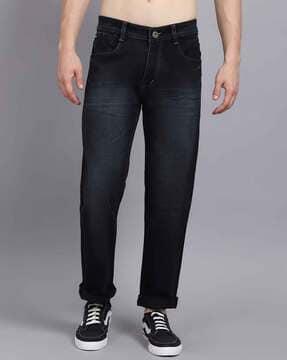 men mid-wash straight fit jeans