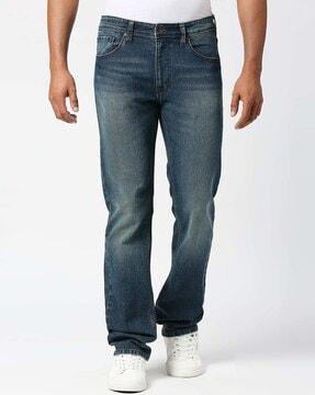 men mid-wash straight fit jeans