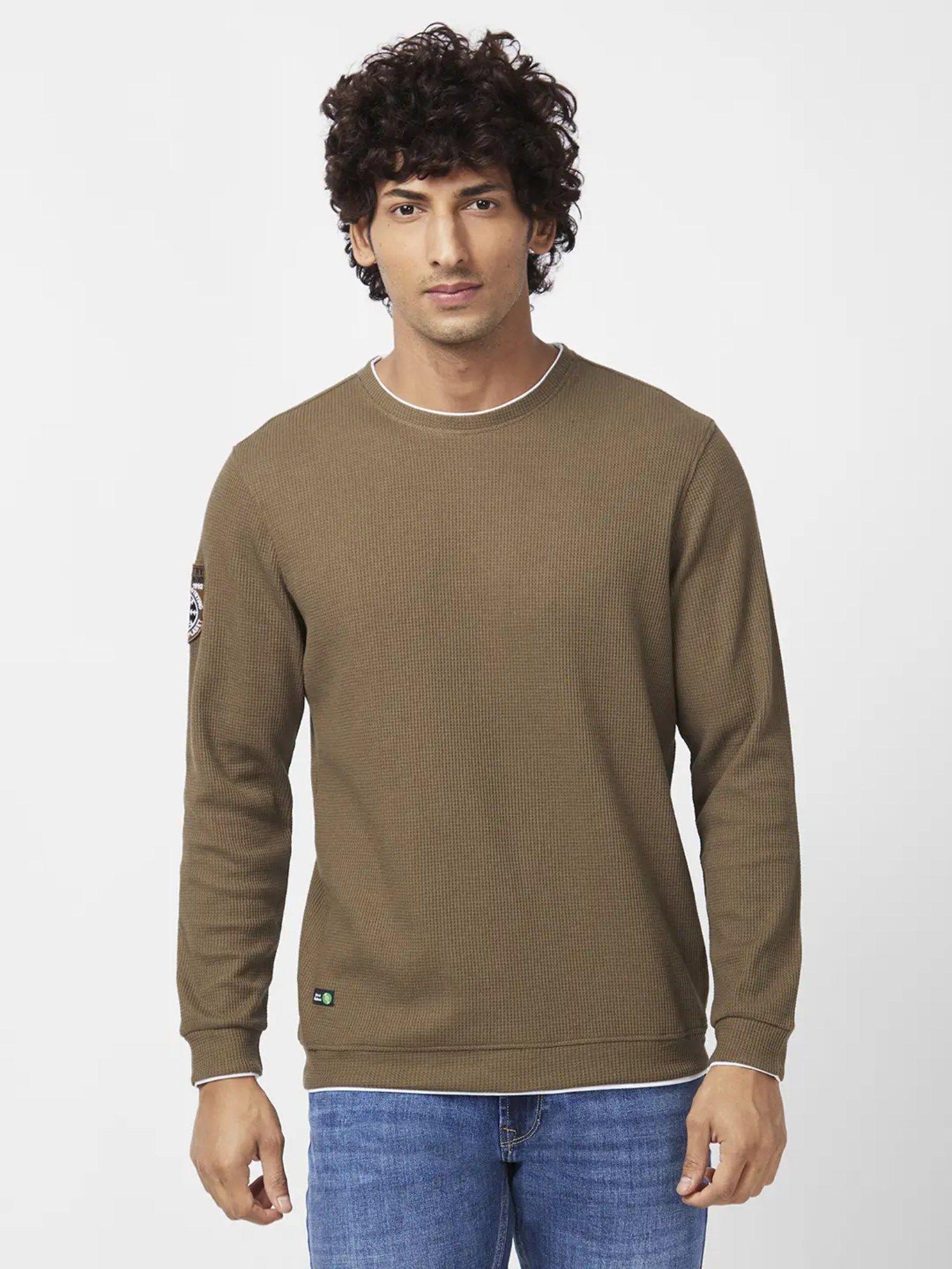 men military green slim fit full sleeve round neck textured sweatshirt