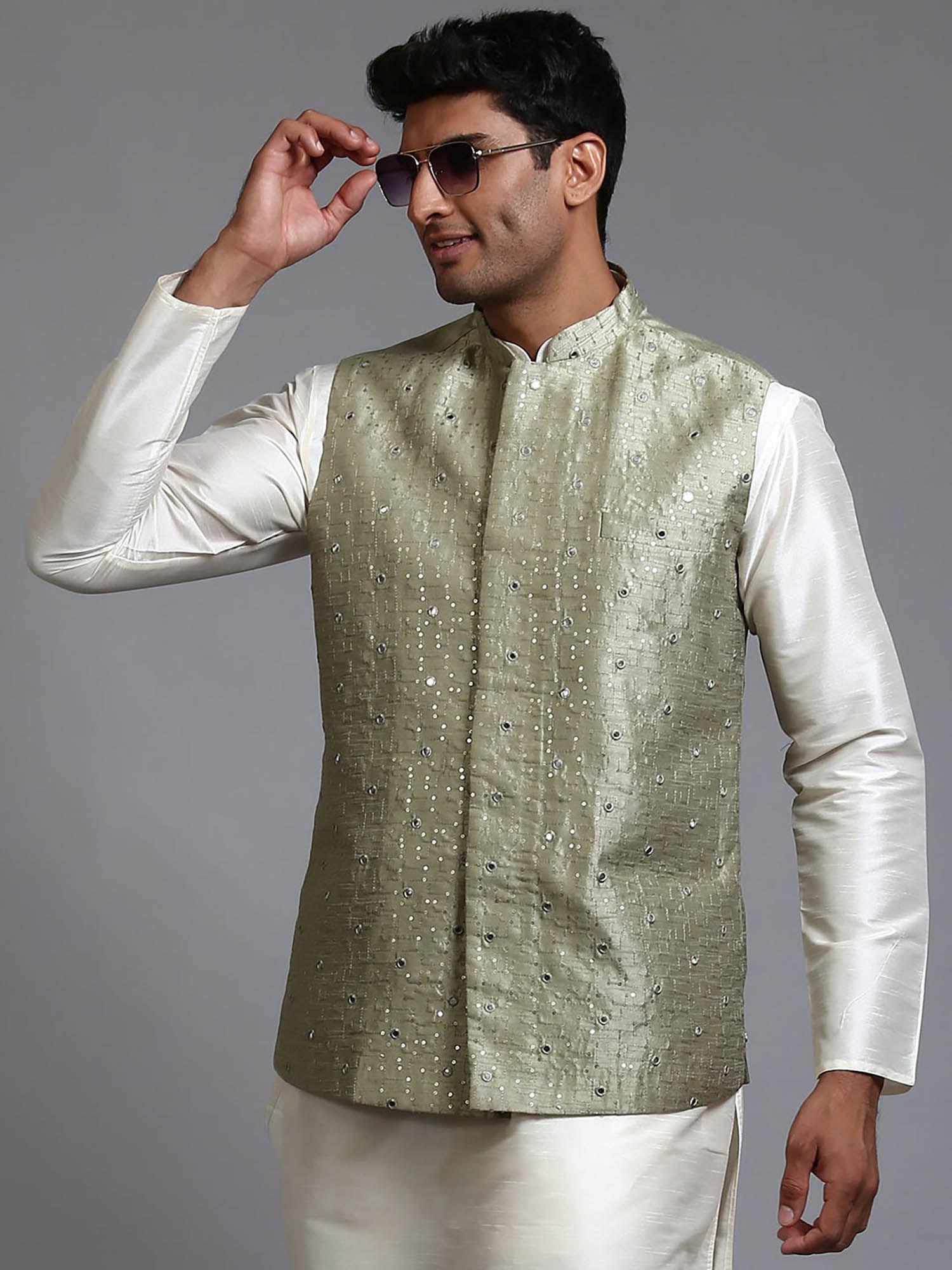 men mint green mirror work nehru jacket