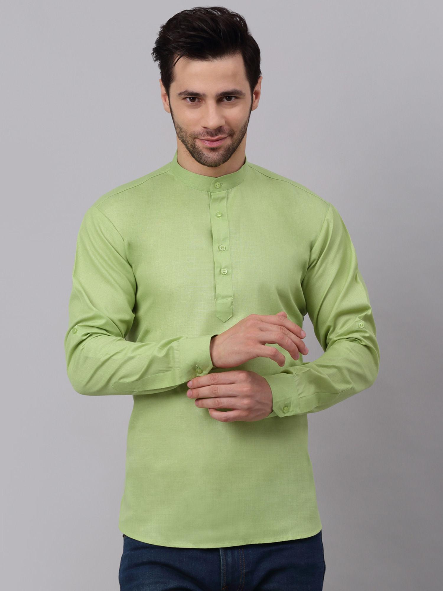 men mint green solid cotton short kurta for men