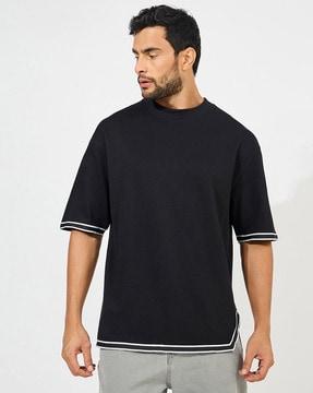 men mock neck cotton terry t-shirt with hem tape detail