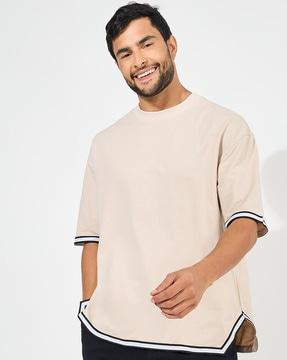 men mock neck cotton terry t-shirt with hem tape detail