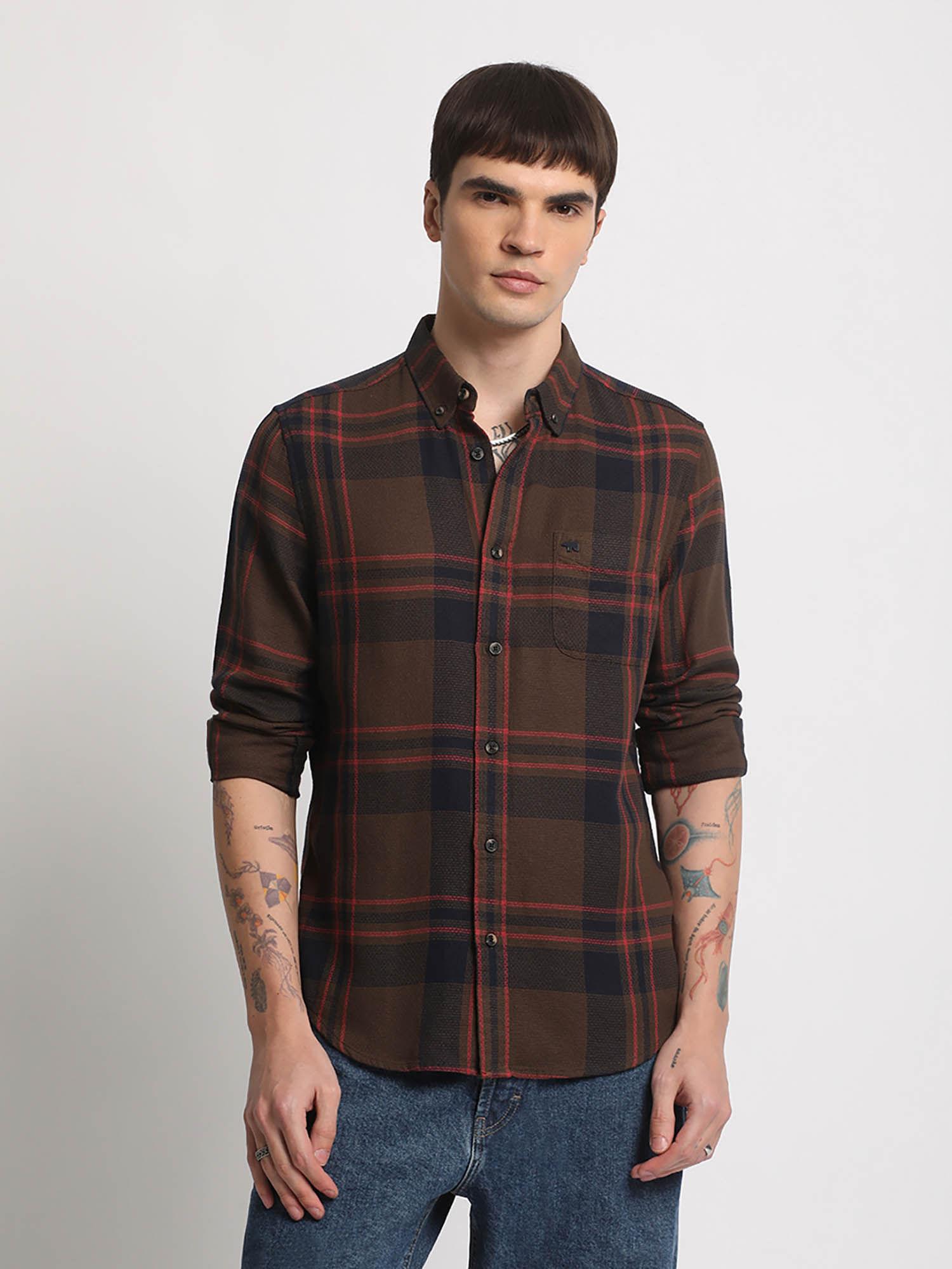 men multi checked slim fit cotton casual shirt