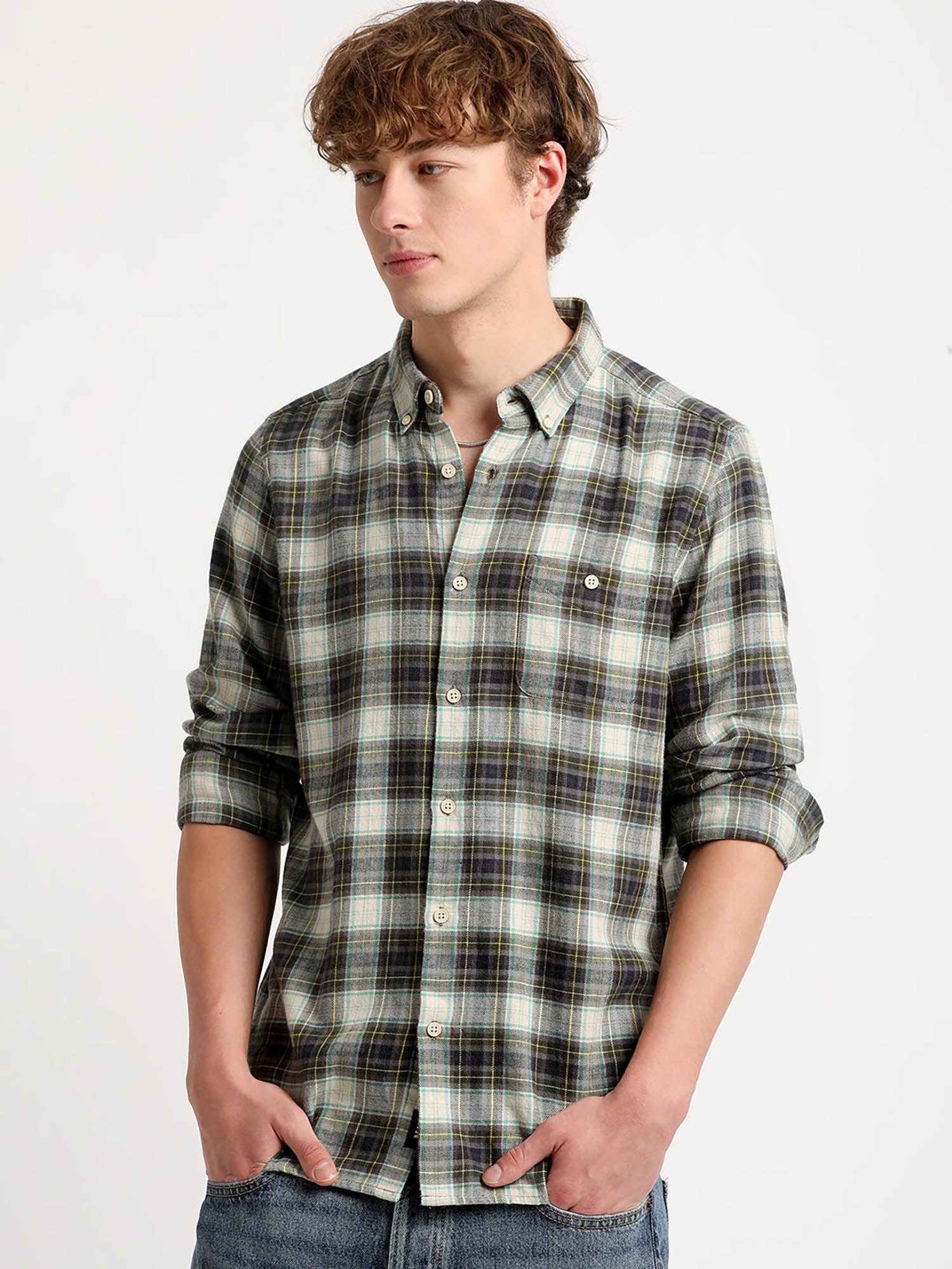 men multi checked slim fit cotton casual shirt