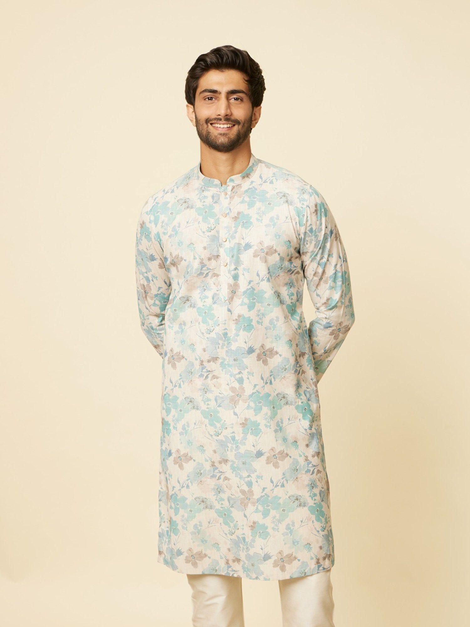 men multi color blended linen floral printed kurta