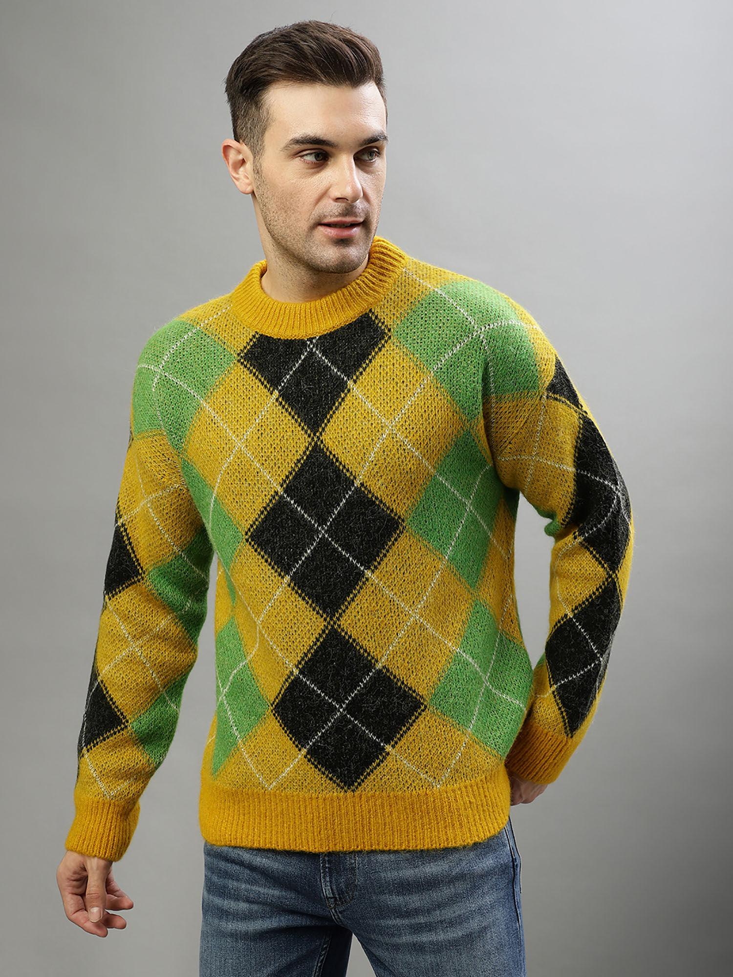 men multi-color checked round neck full sleeves sweater