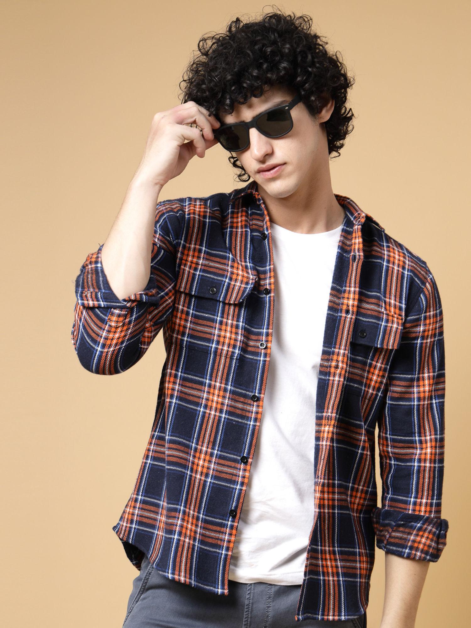 men multi-color checks flannel shacket