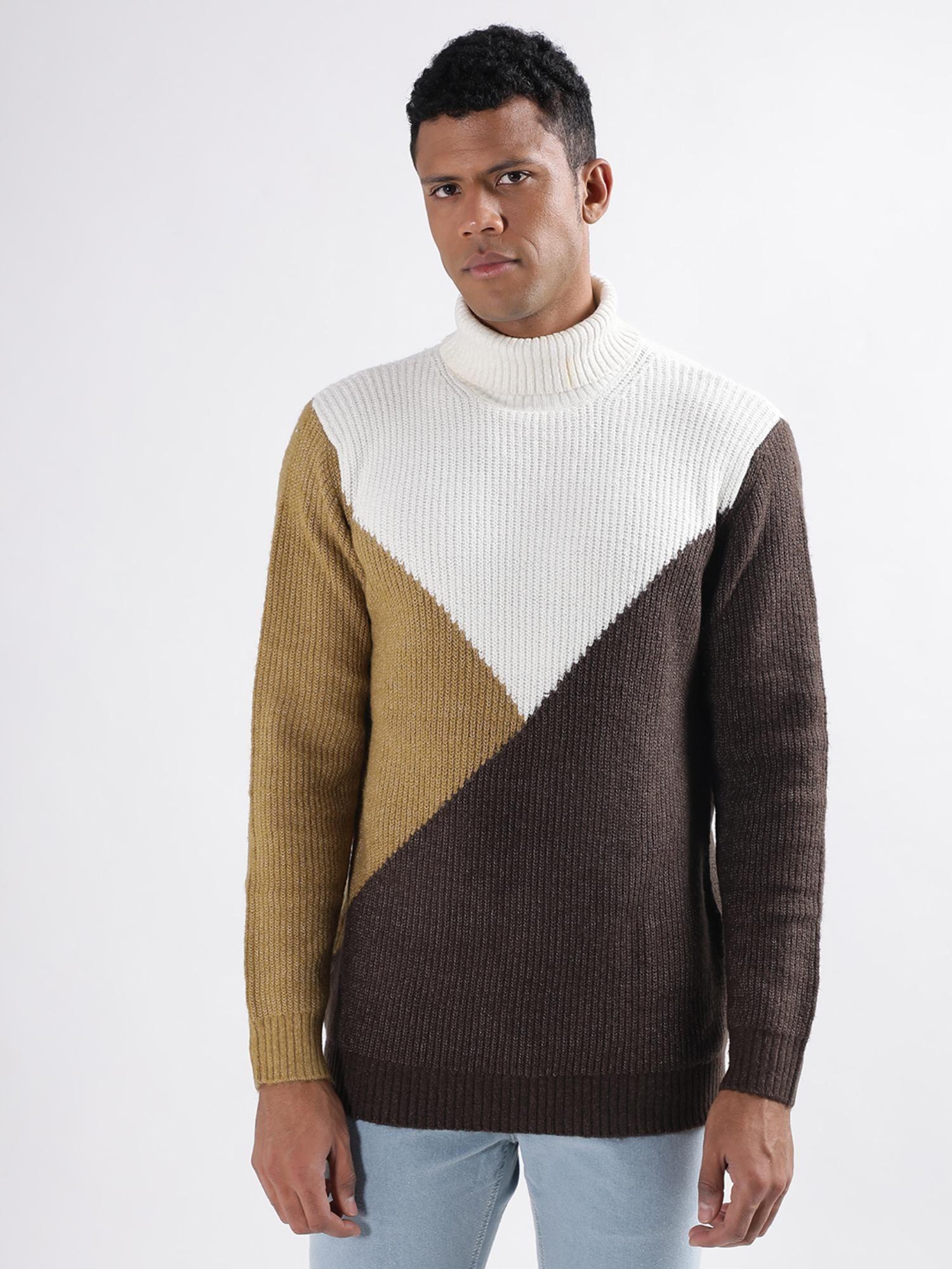 men multi-color colorblock turtle neck sweater