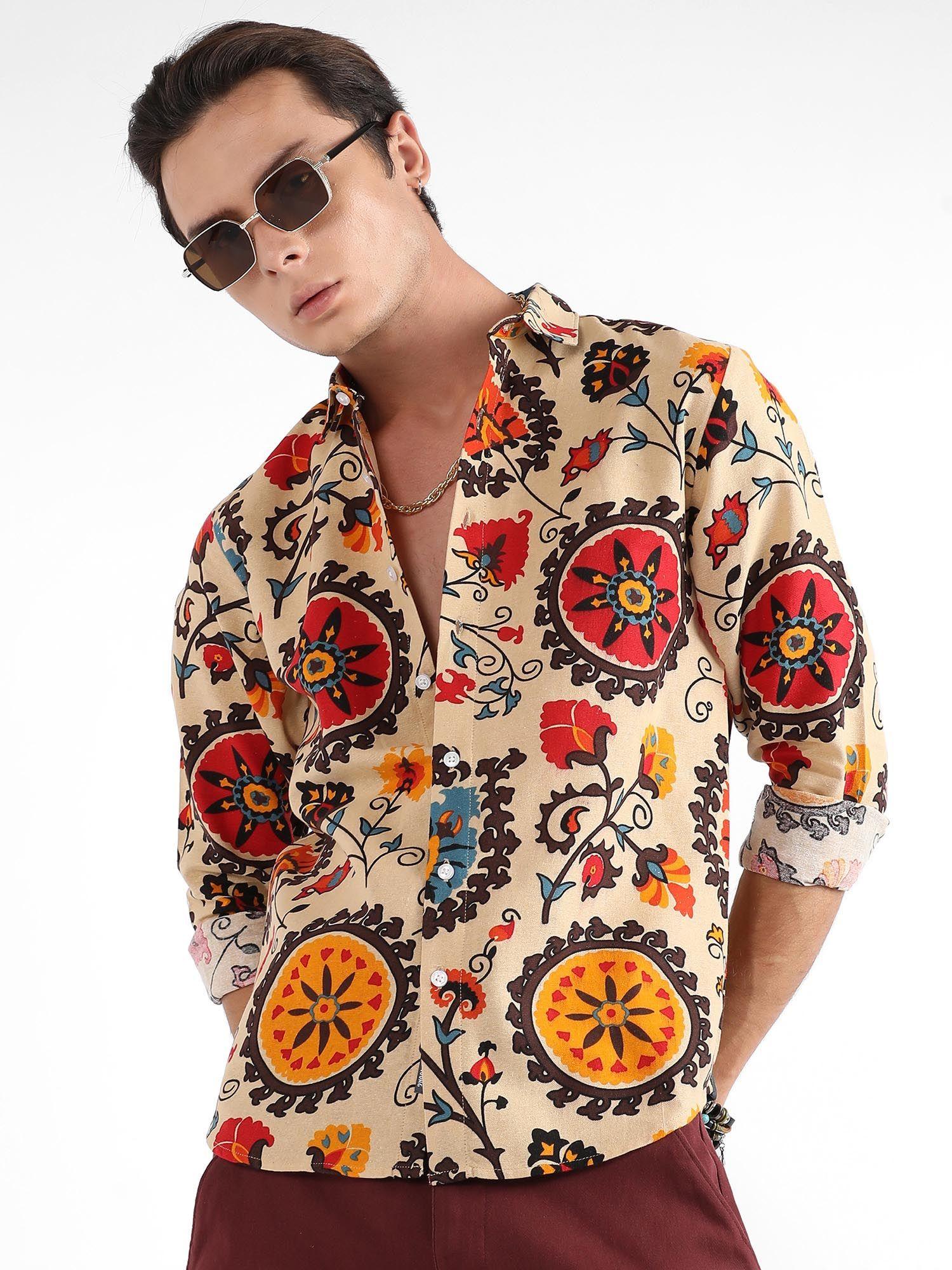men multi-color ethnic floral shirt