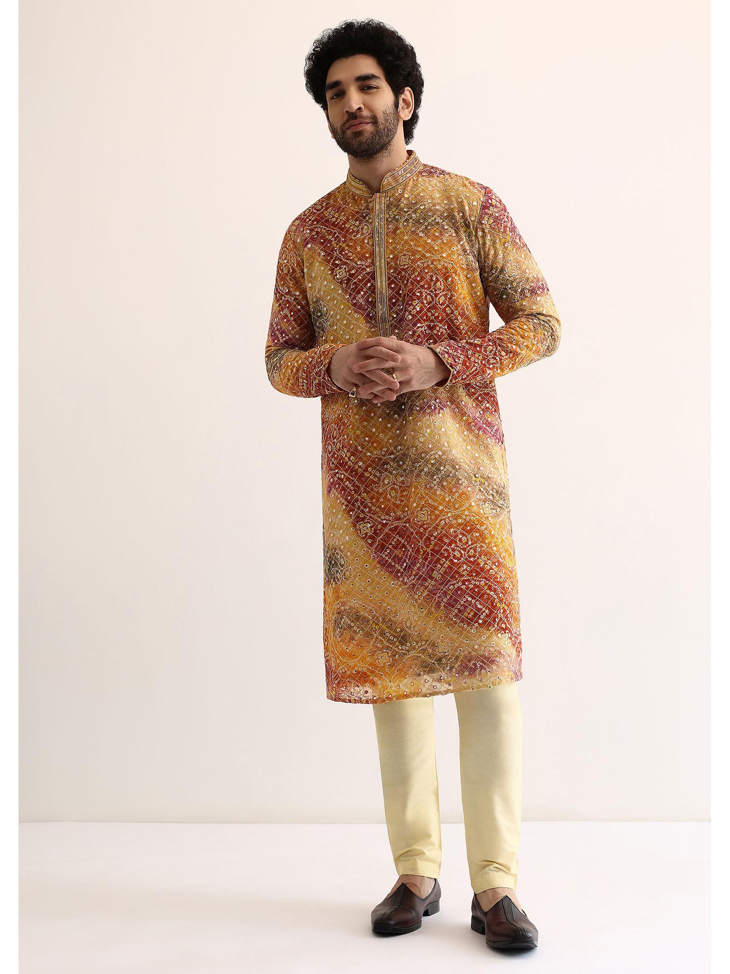 men multi-color georgette mirror work kurta with pyjama (set of 2)