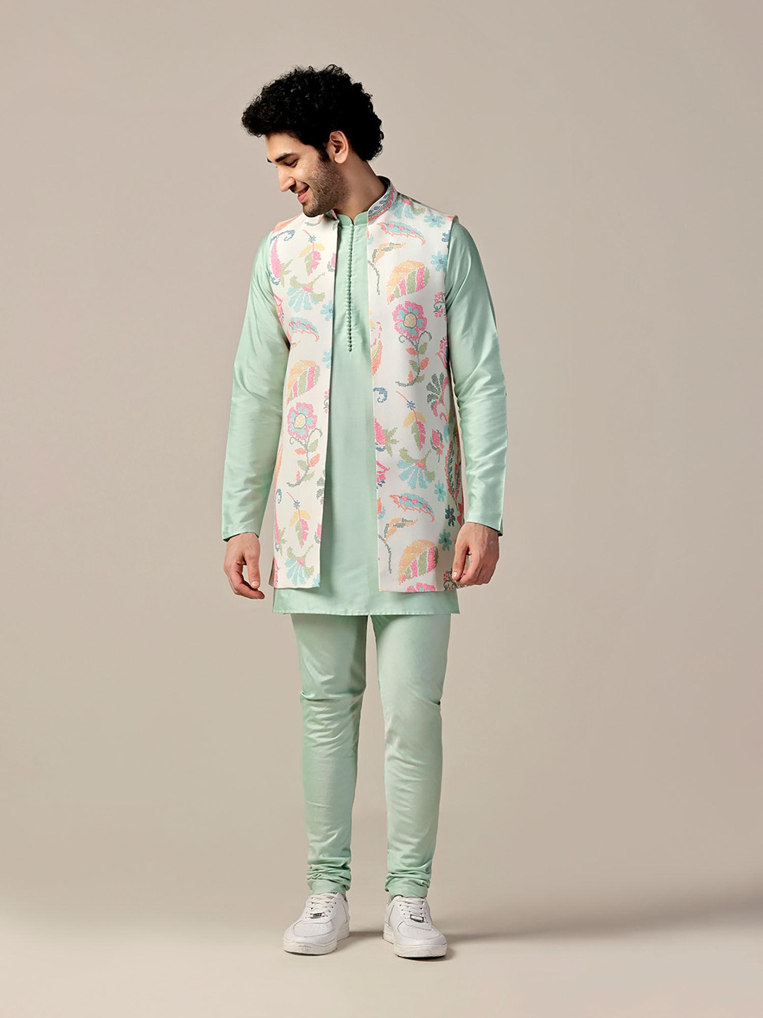 men multi-color kurta and jacket with churidar (set of 3)