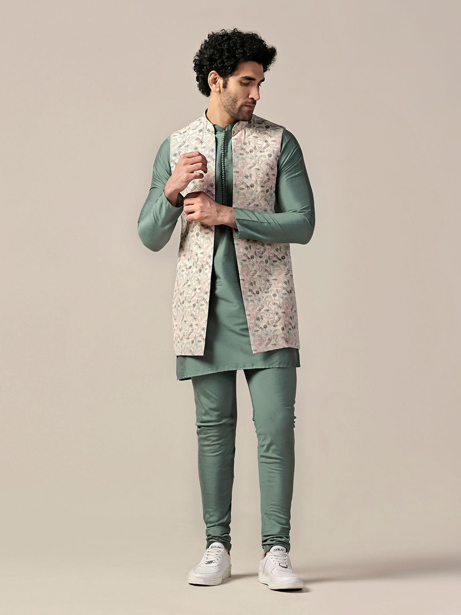 men multi-color kurta and jacket with churidar (set of 3)