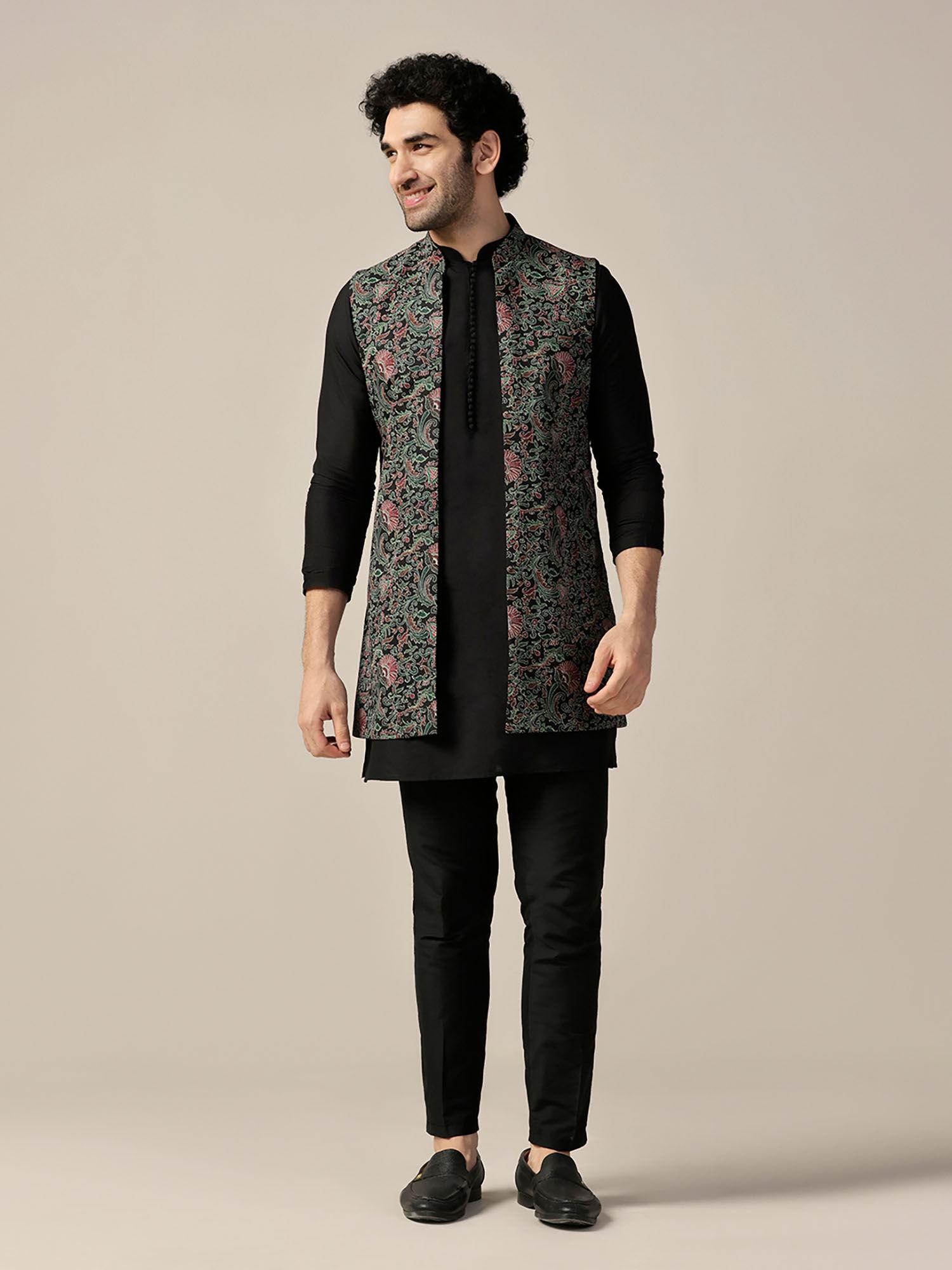 men multi-color kurta and printed nehru jacket with pant