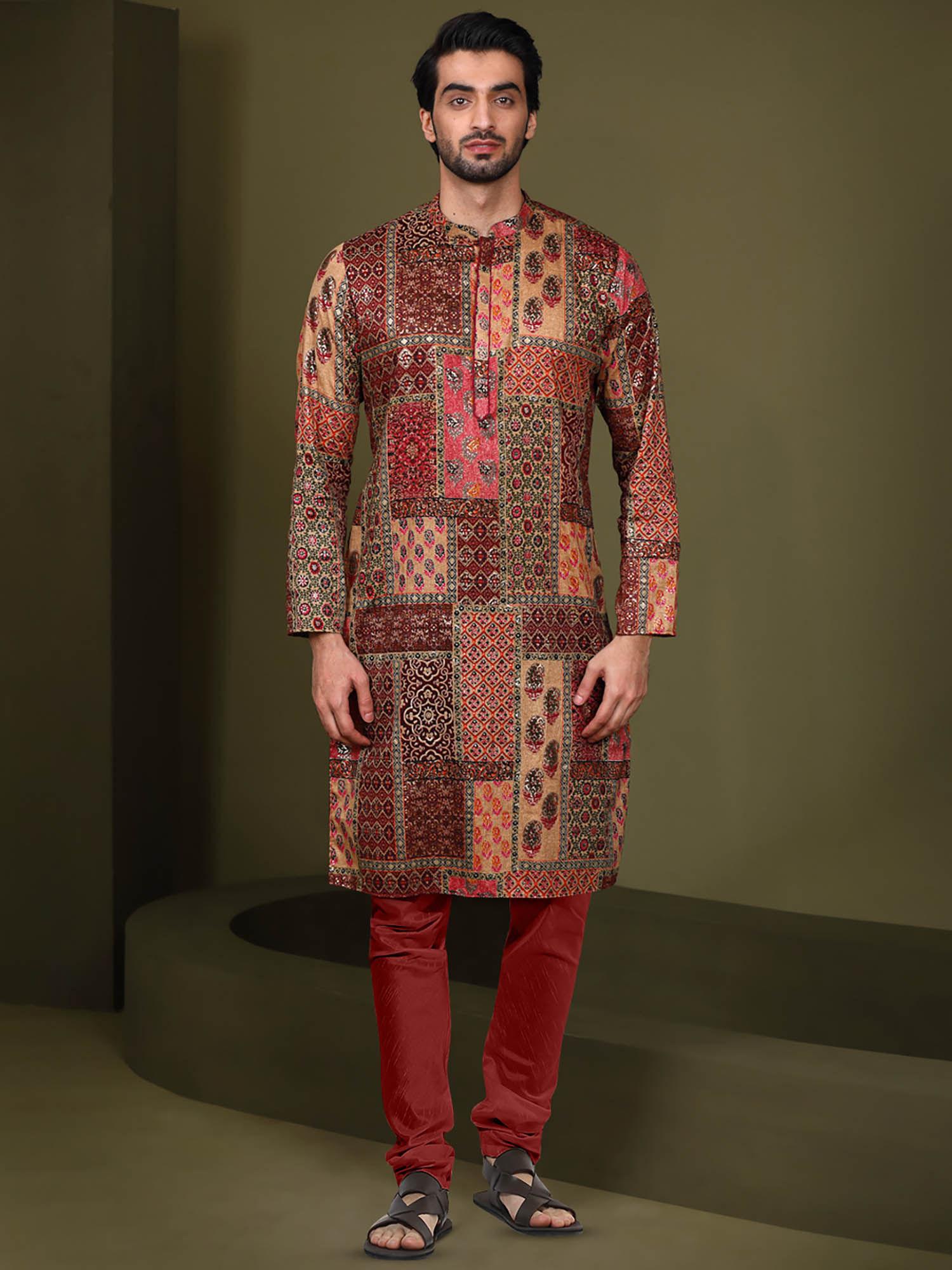 men multi-color kurta churidar (set of 2)