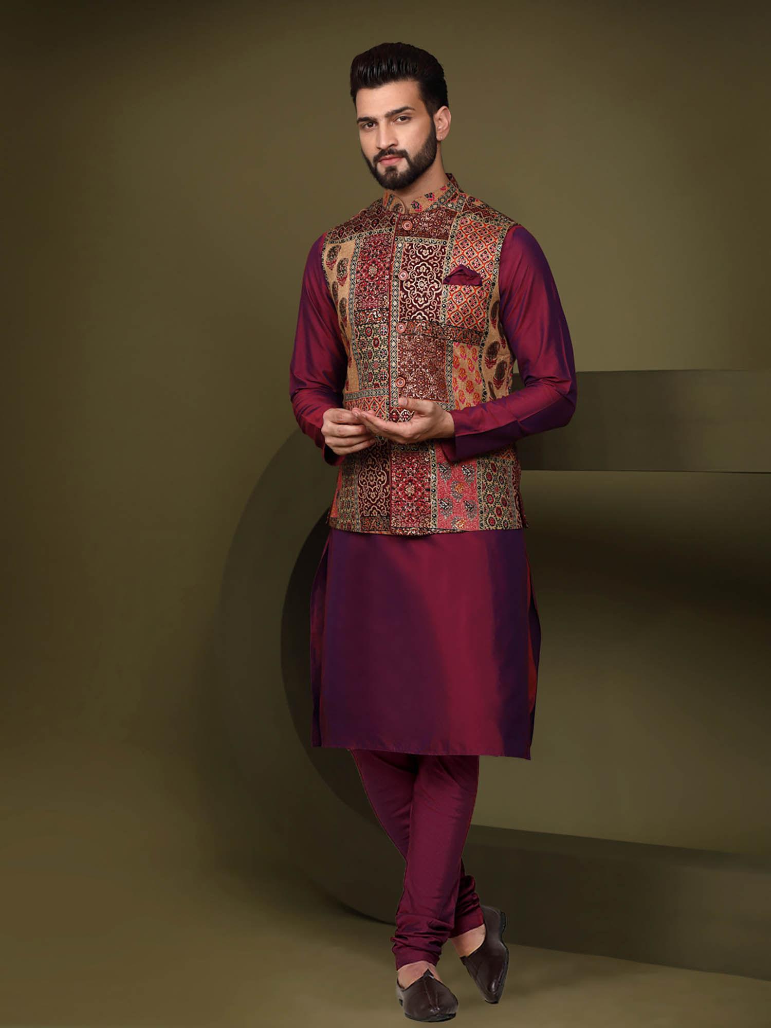 men multi-color kurta jacket churidar (set of 3)