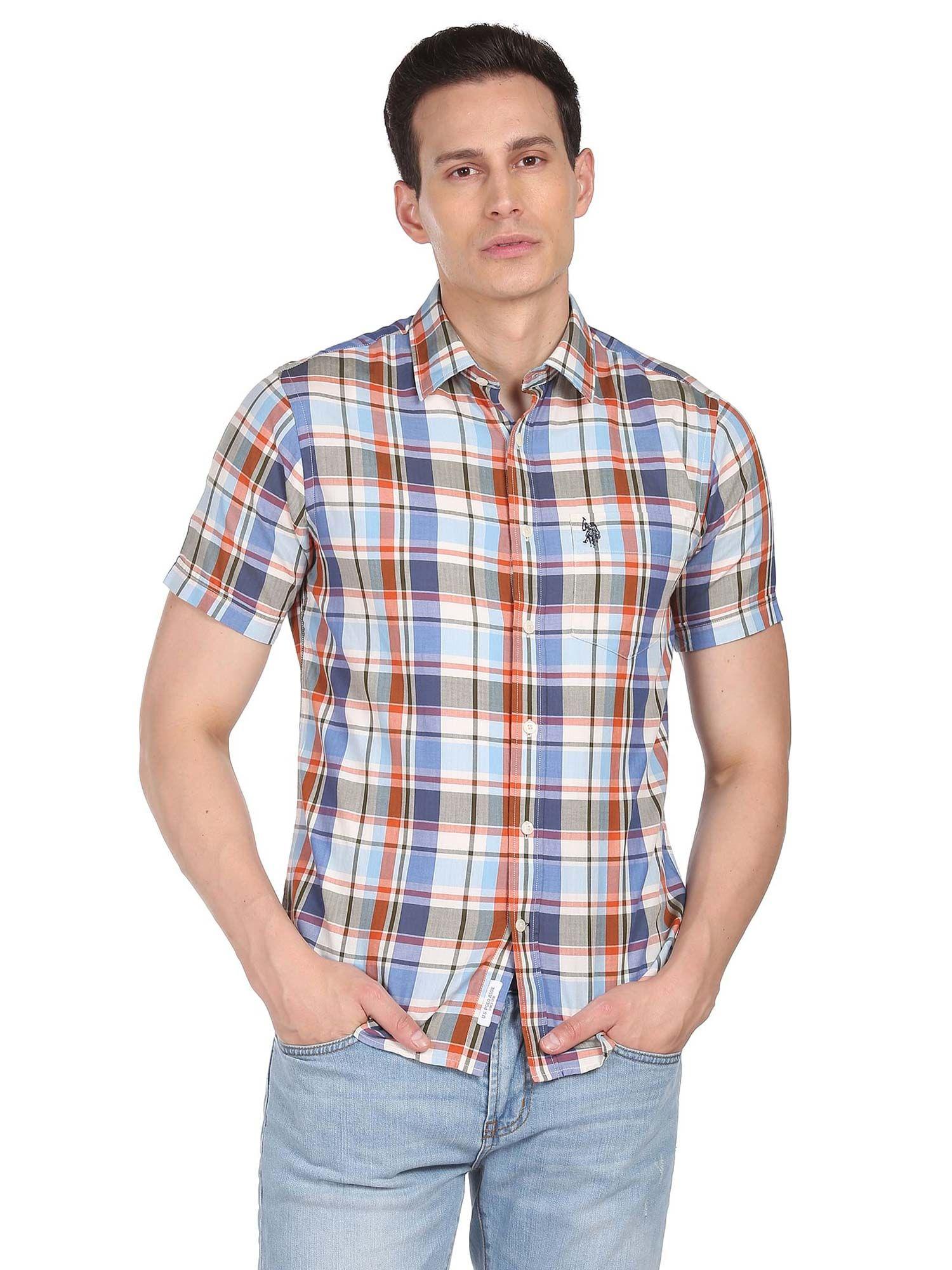 men multi-color short sleeve madras check casual shirt