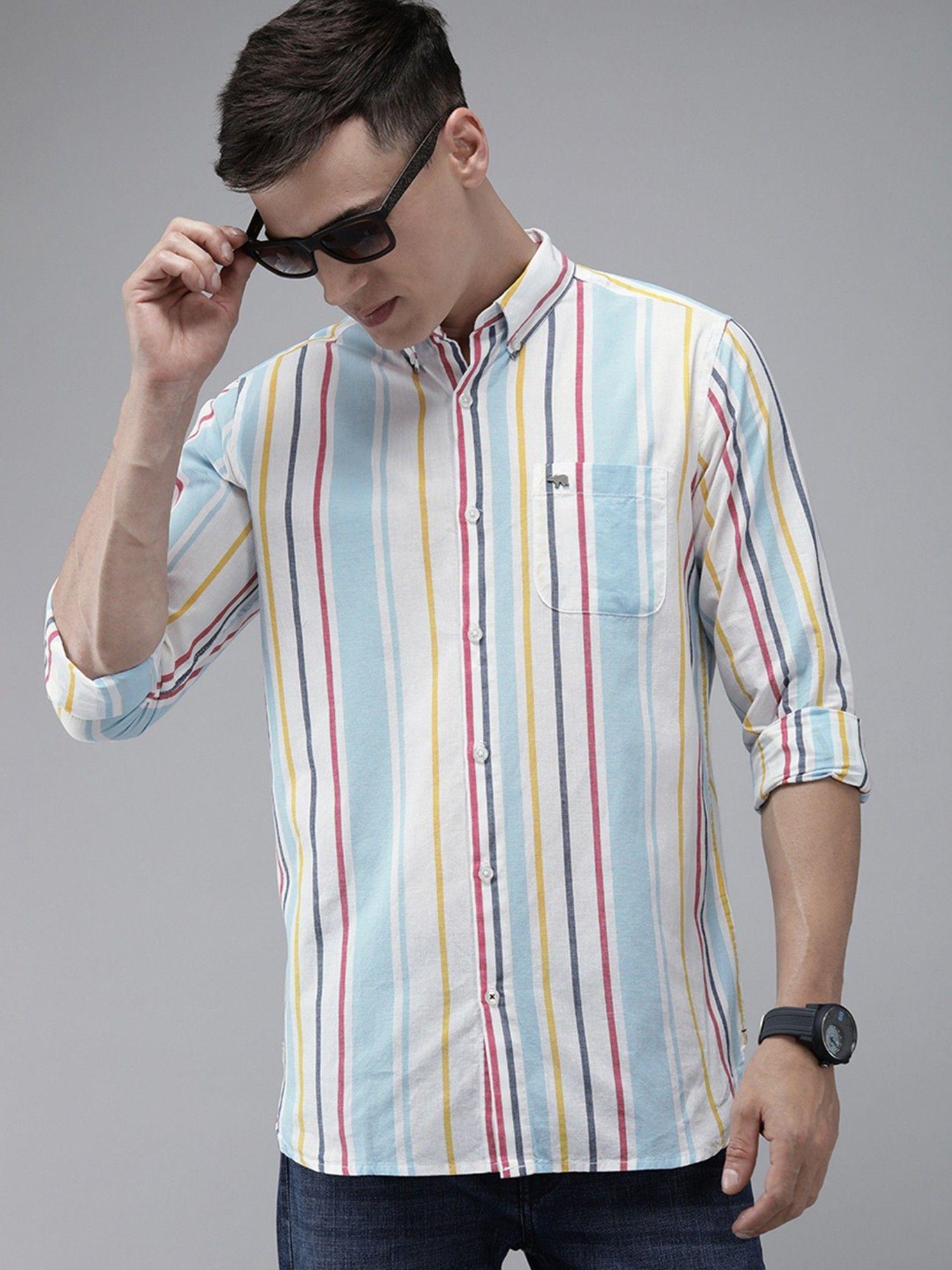 men multi-colour striped slim fit cotton casual shirt