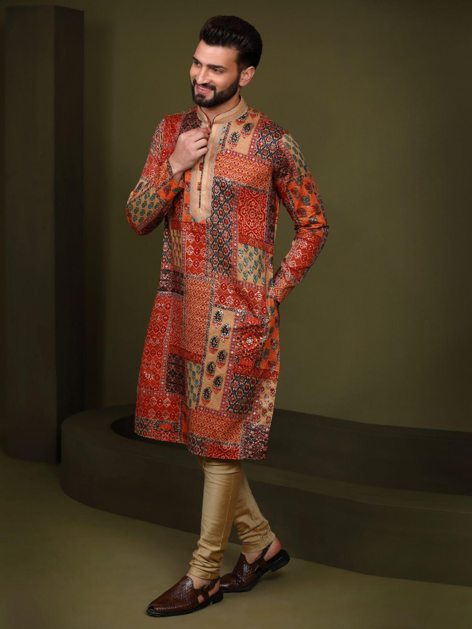 men multi kurta and churidar (set of 2)