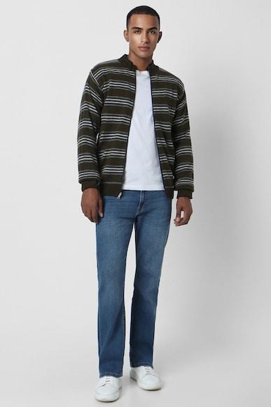 men multi stripe stylized neck sweater