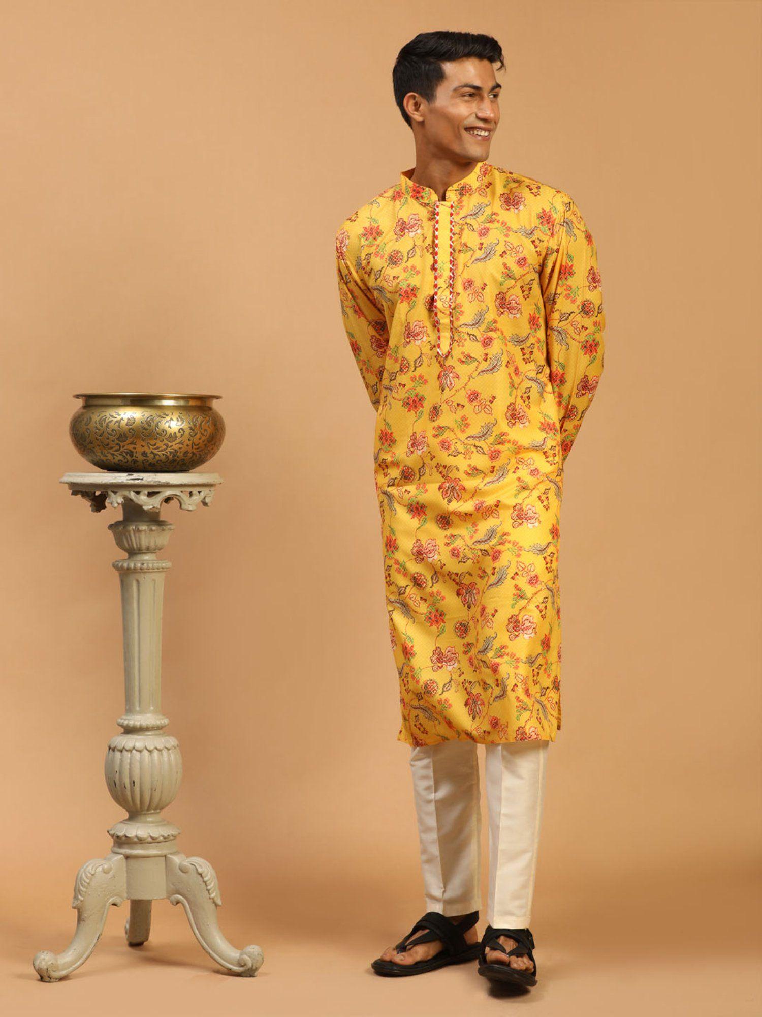 men multicolour-base-mustard and cream muslin blend kurta pyjama (set of 2)