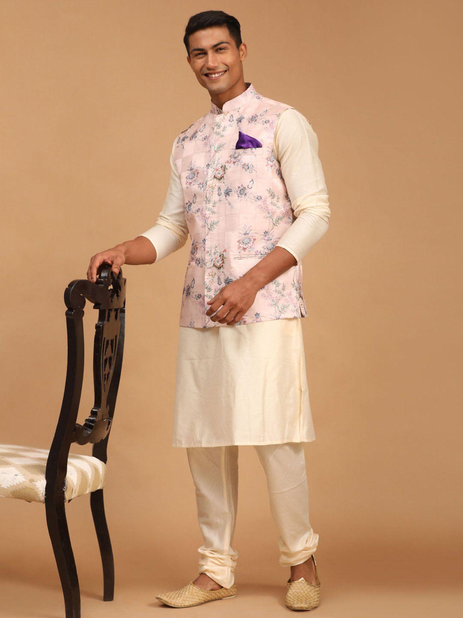 men multicolour-base-peach viscose jacket, kurta and pyjama (set of 3)