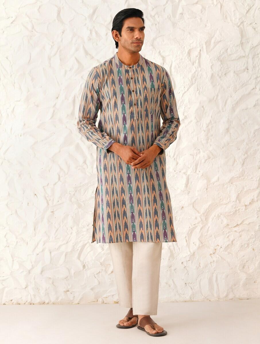 men multicolour cotton ikat mandarin collar straight fit kurta