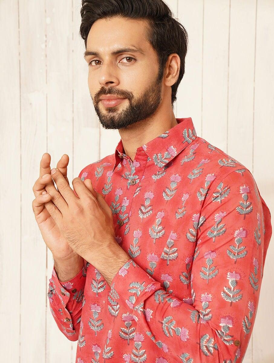 men multicolour cotton printed shirt collar regular fit kurta