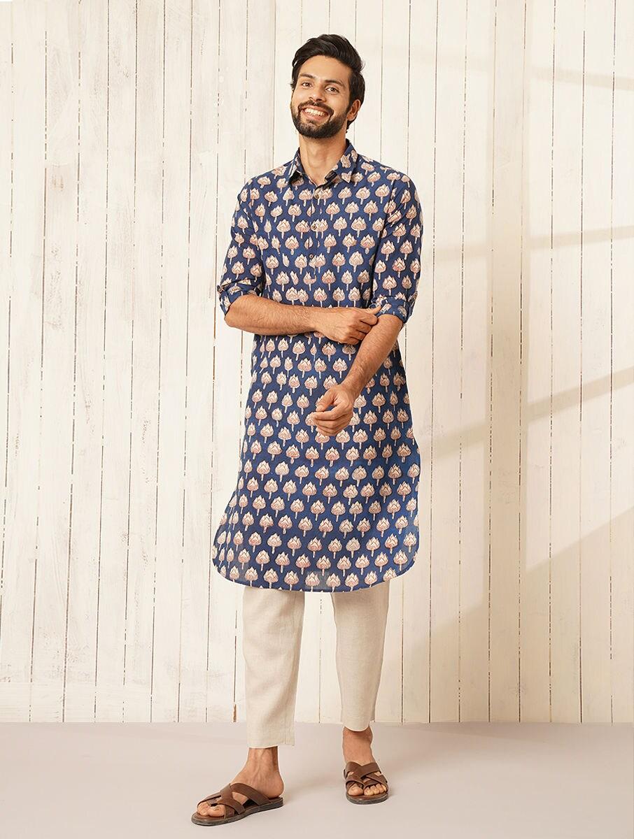 men multicolour cotton printed shirt collar regular fit kurta