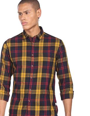 men multicolour twill tartan check cotton casual shirt