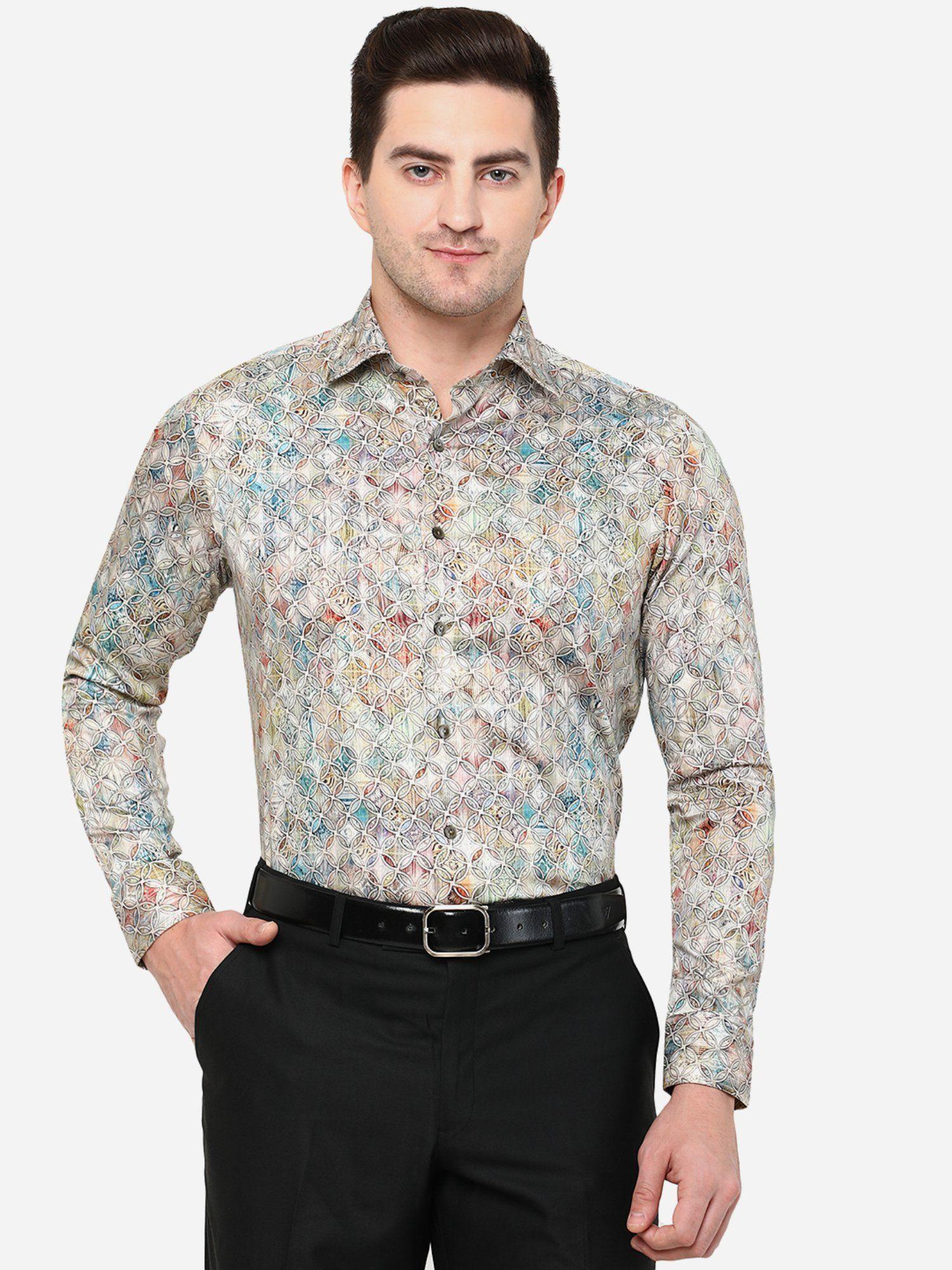 men multicoloured cotton slim fit printed formal party wear shirt