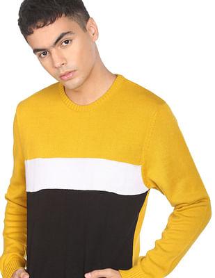 men mustard and black colour block crew neck sweater
