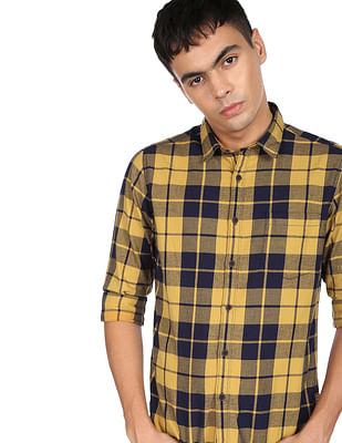 men mustard and navy plaid check pure cotton casual shirt