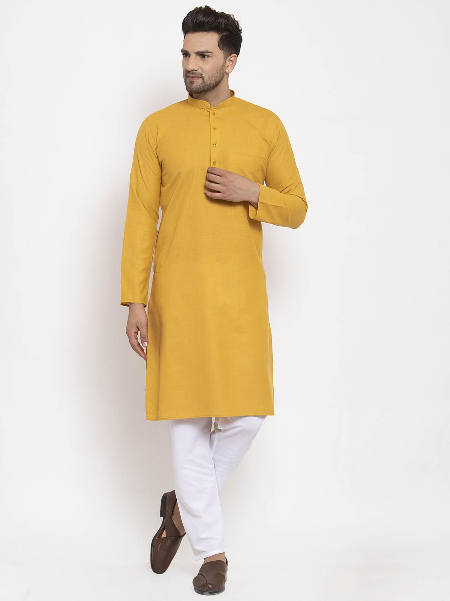 men mustard and white cotton solid kurta with pyjamas (set of 2)