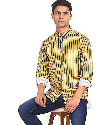 men mustard button down collar striped shirt