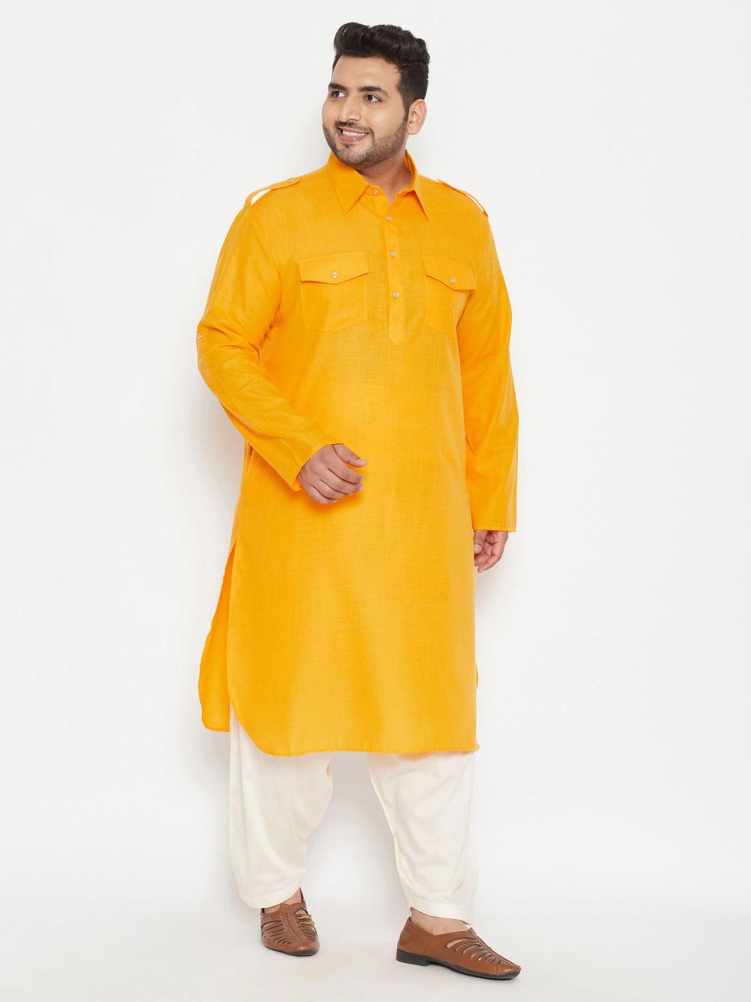 men mustard cotton blend pattani (set of 2)