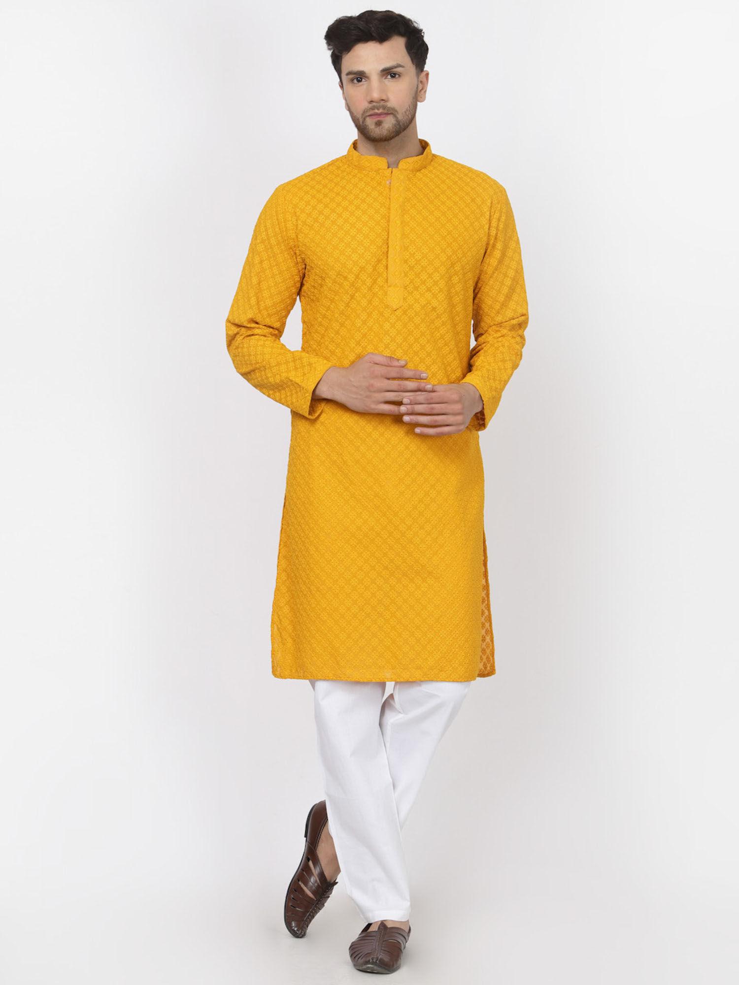 men mustard cotton embroidered kurta with pyjama (set of 2)