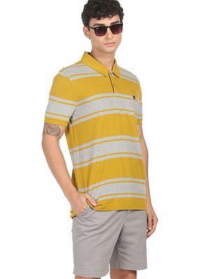 men mustard cotton striped polo shirt
