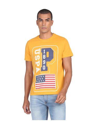 men mustard crew neck brand print shirt