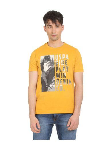 men mustard crew neck brand print t-shirt