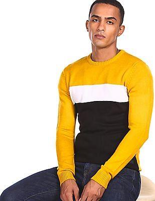 men mustard crew neck colour block sweater