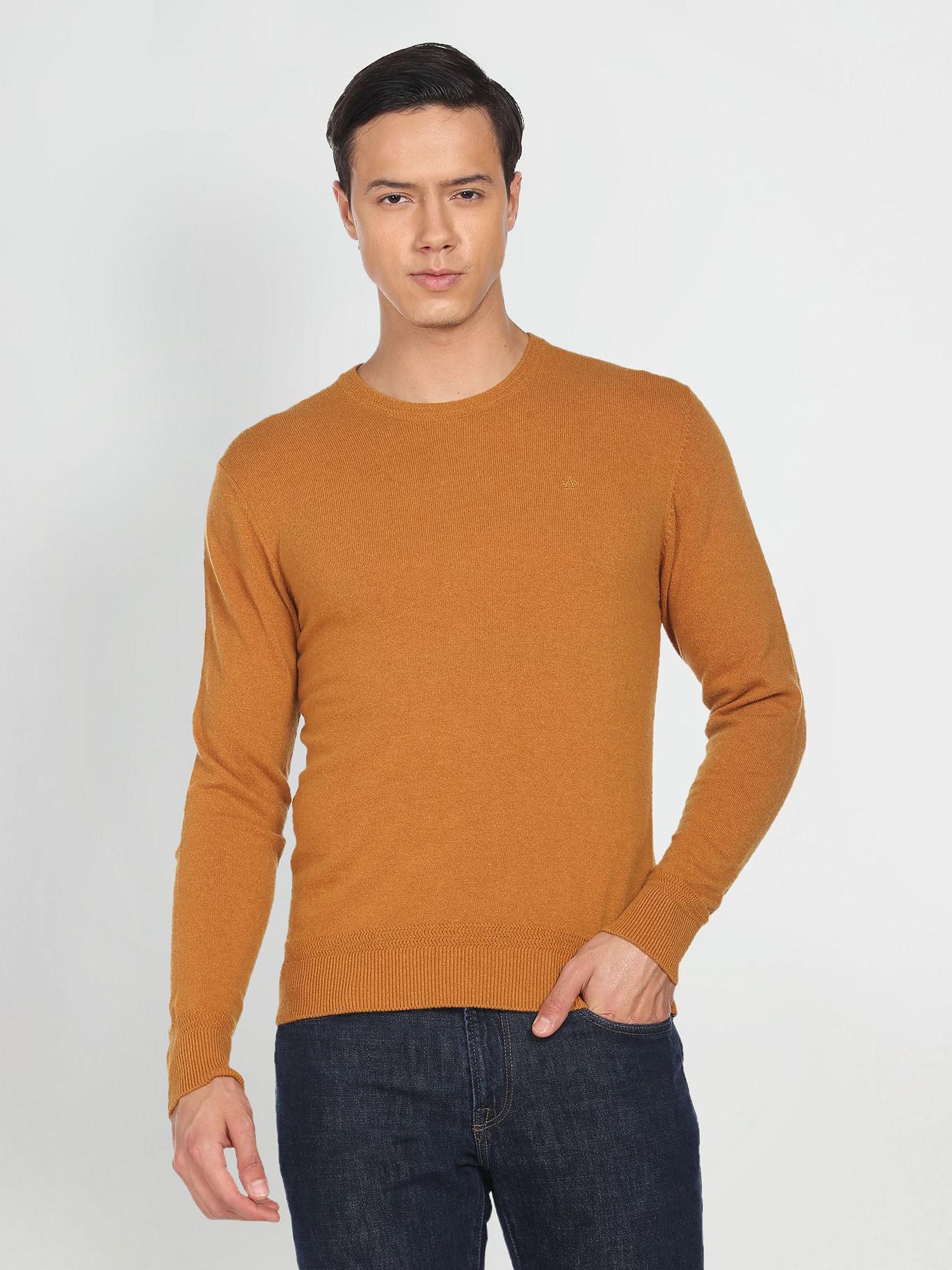 men mustard crew neck long sleeve solid sweater