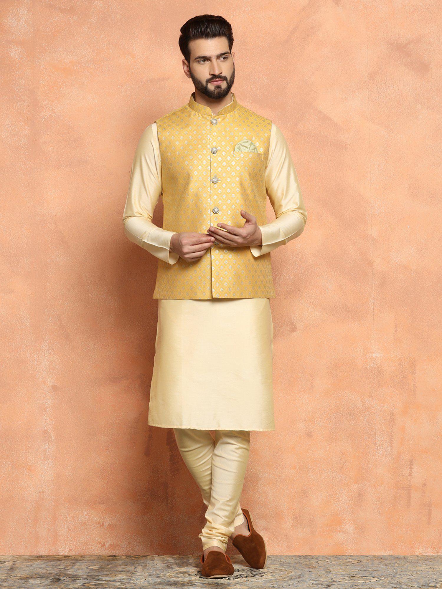 men mustard jacket kurta (set of 3)