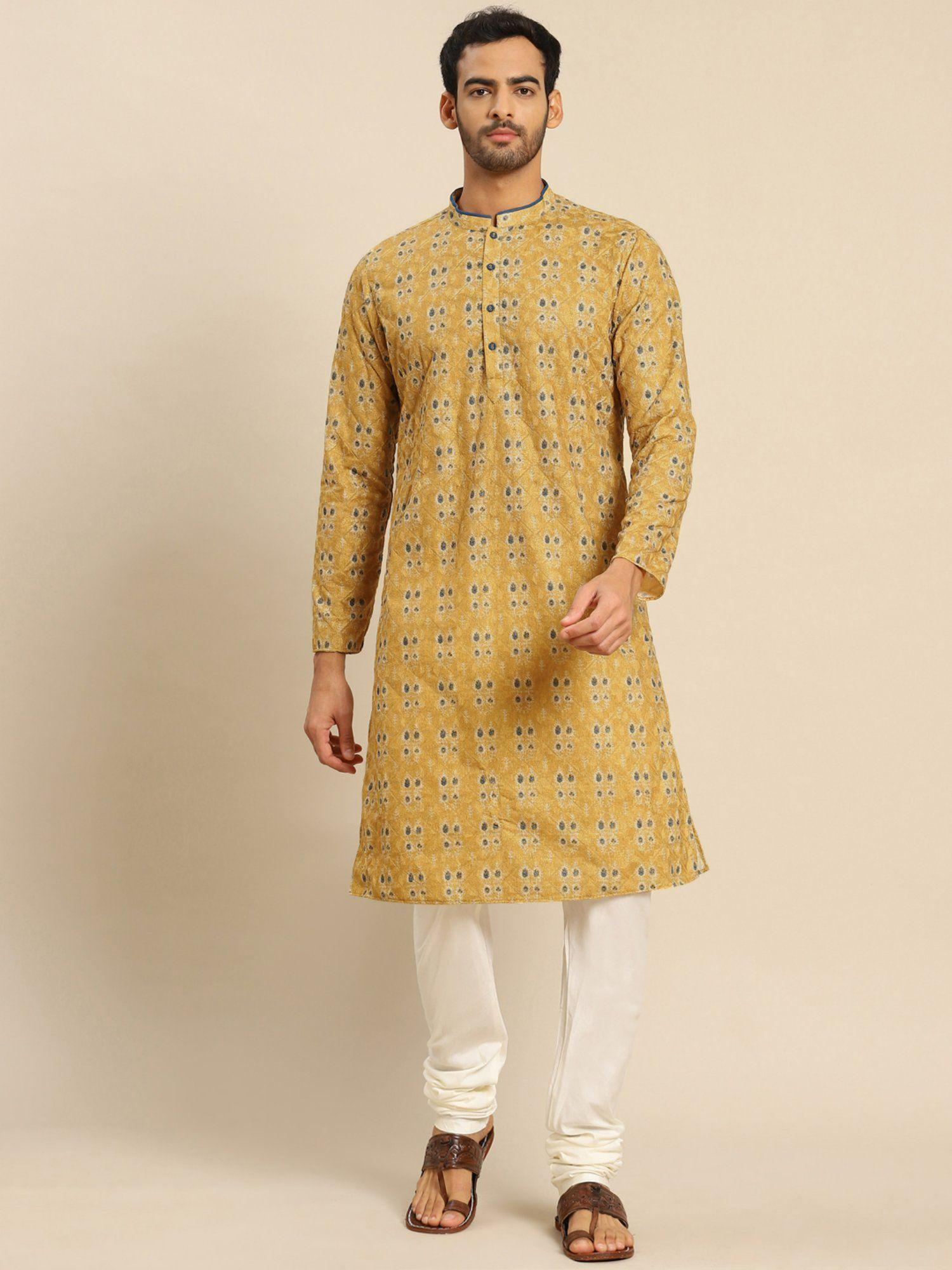 men mustard kurta set (set of 2)