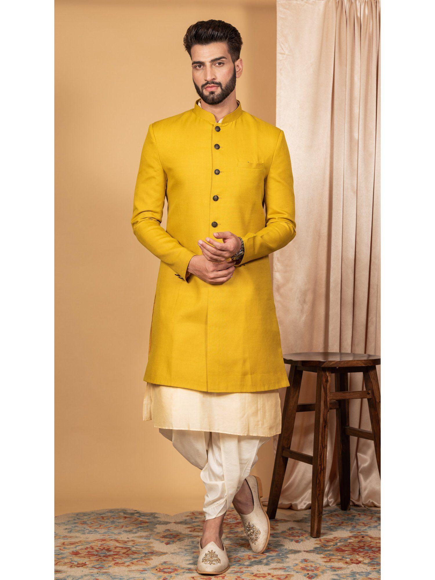 men mustard kurta sherwani set (set of 3)