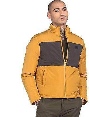 men mustard long sleeve high neck puffer casual jacket