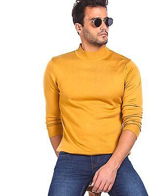 men mustard long sleeve high neck sweater