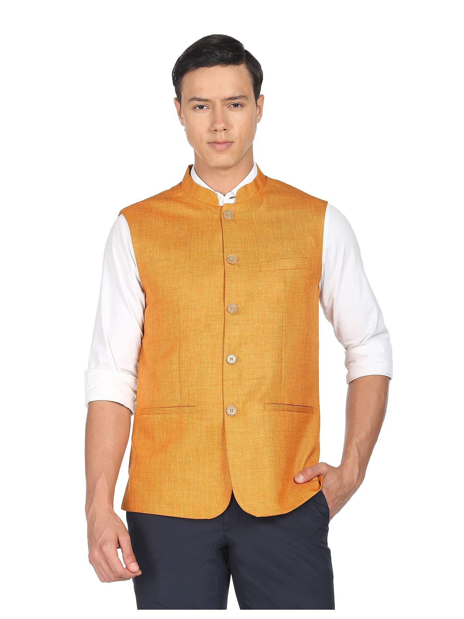 men mustard mandarin collar heathered nehru jacket