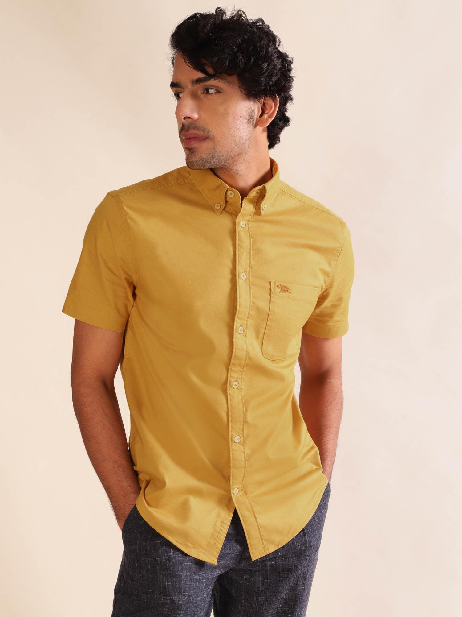 men mustard oxford half sleeve patch pocket casual shirt